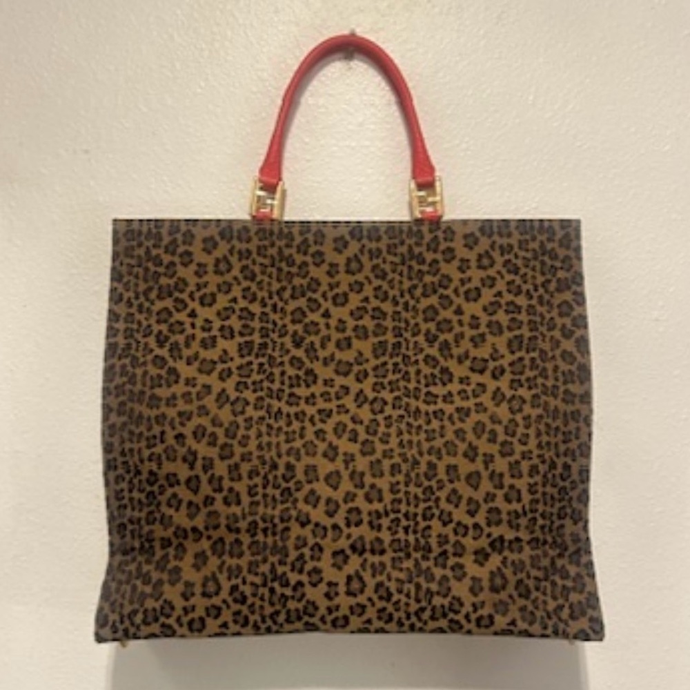 Fendi Leopard Print Tote with Red Handles